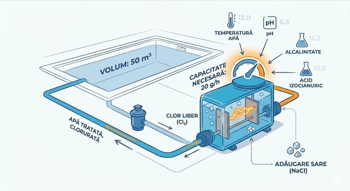 Aparat de electroliză cu sare montat în camera tehnică a unei piscine