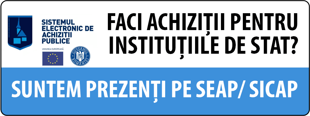 Banner „Faci achiziții pentru instituțiile de stat? Suntem prezenți pe SEAP/SICAP”