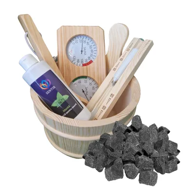 Kit 4 accesorii pentru sauna + roci vulcanice + esenta CADOU